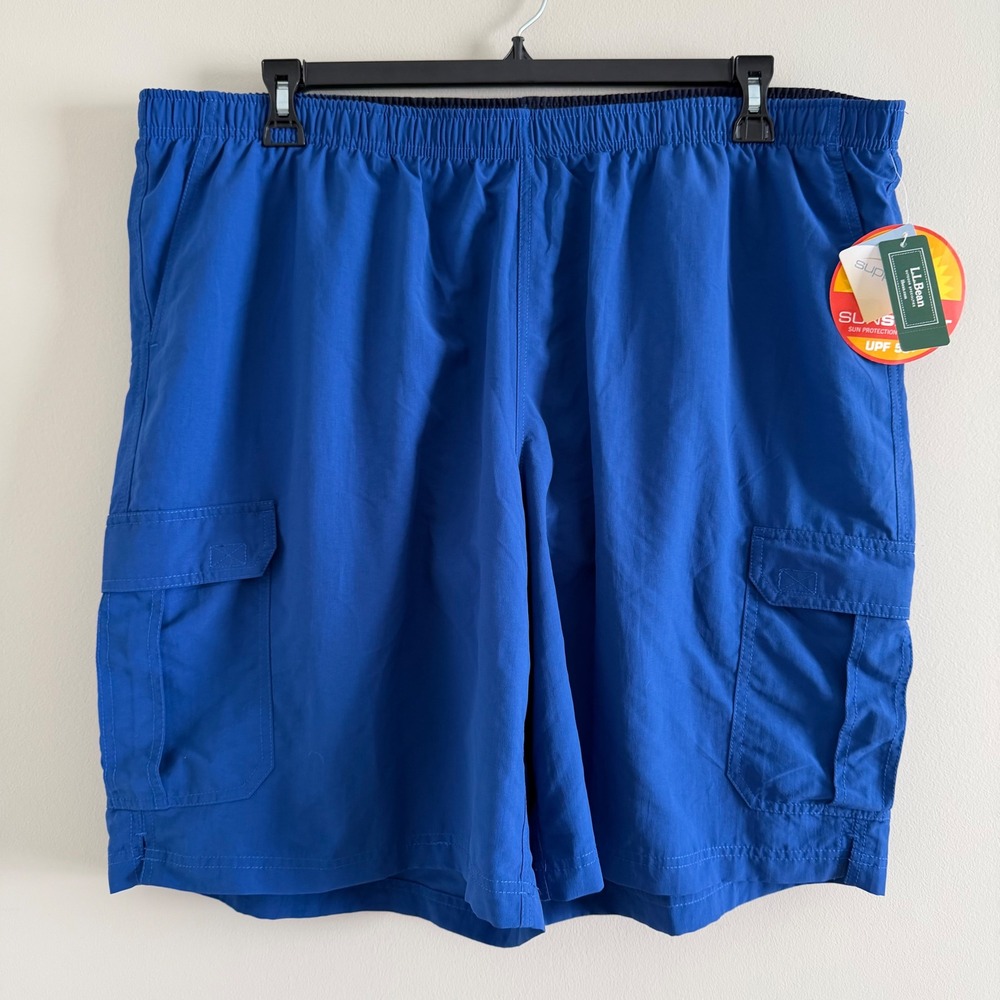 LL Bean Mens XXL Blue Supplex Nylon Cargo Shorts UPF 50 Mesh Lined Outdoor  NWT